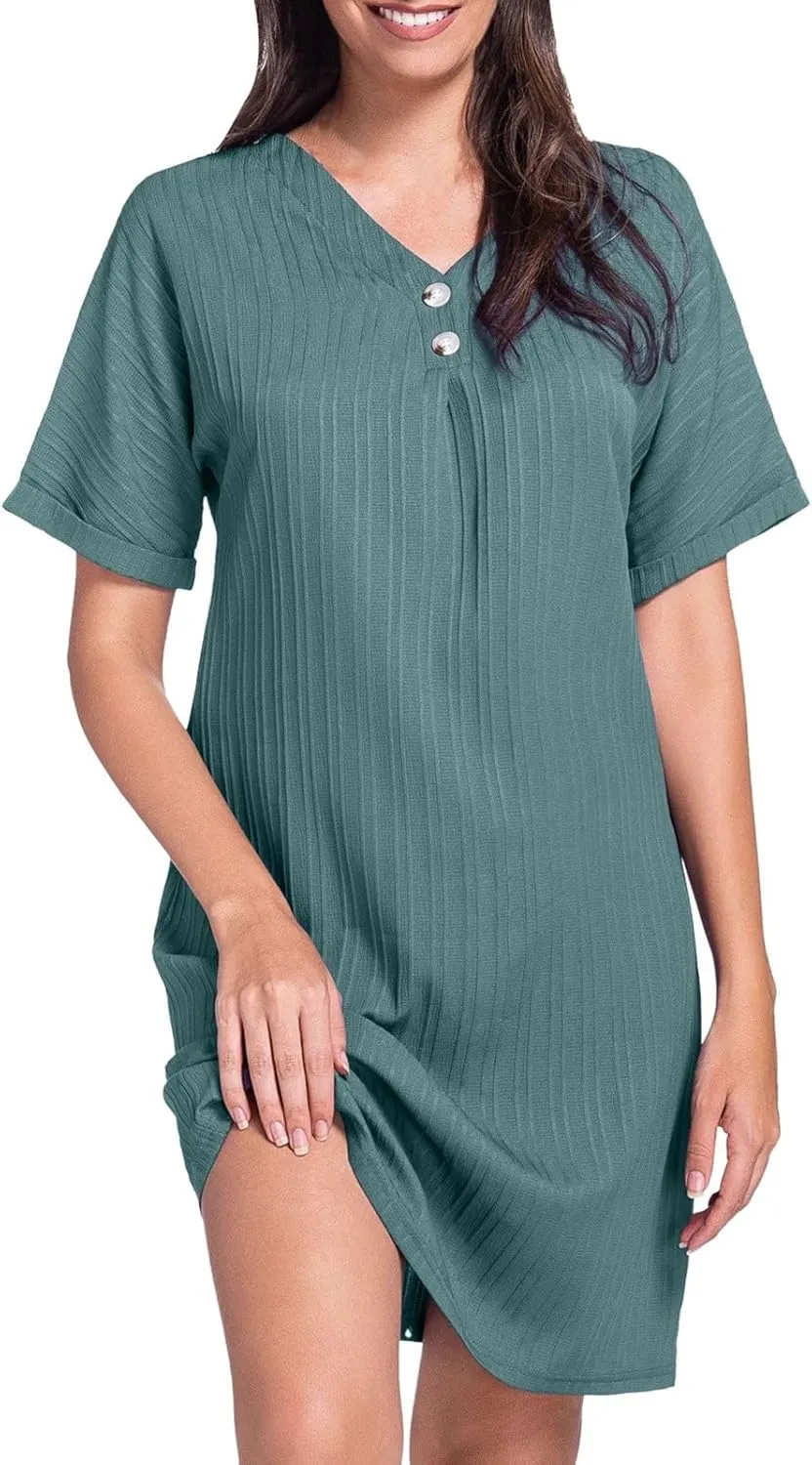Womens Button Down Shirt Dresses Summer Cotton Linen Dress V-Neck Mini Dress Casual Short Sleeve Loose Tunic Dresses