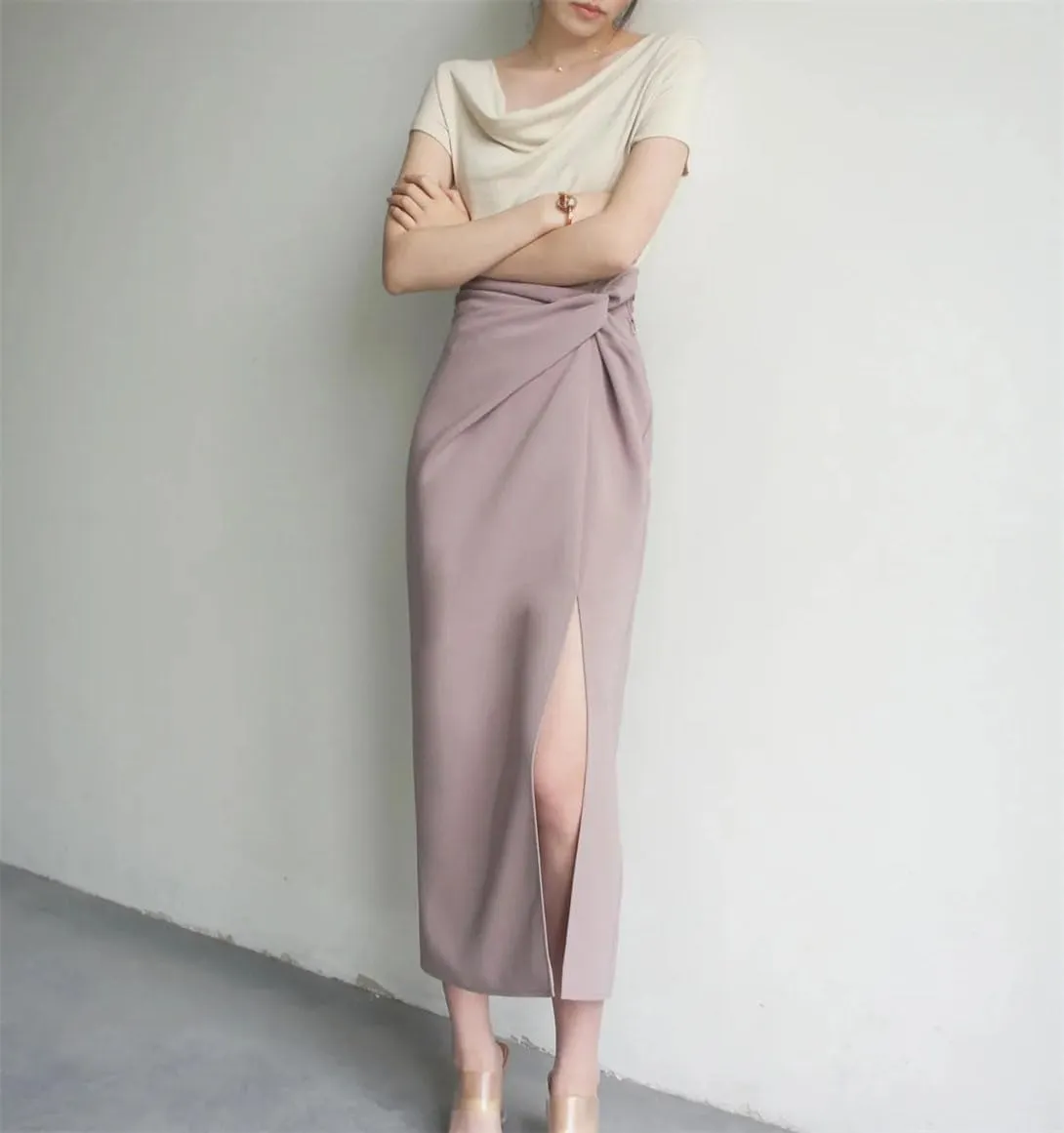 Women's Casual Fashion Pencil Skirt Stretch High Waist Slit Work Office Half-Body Skirt
