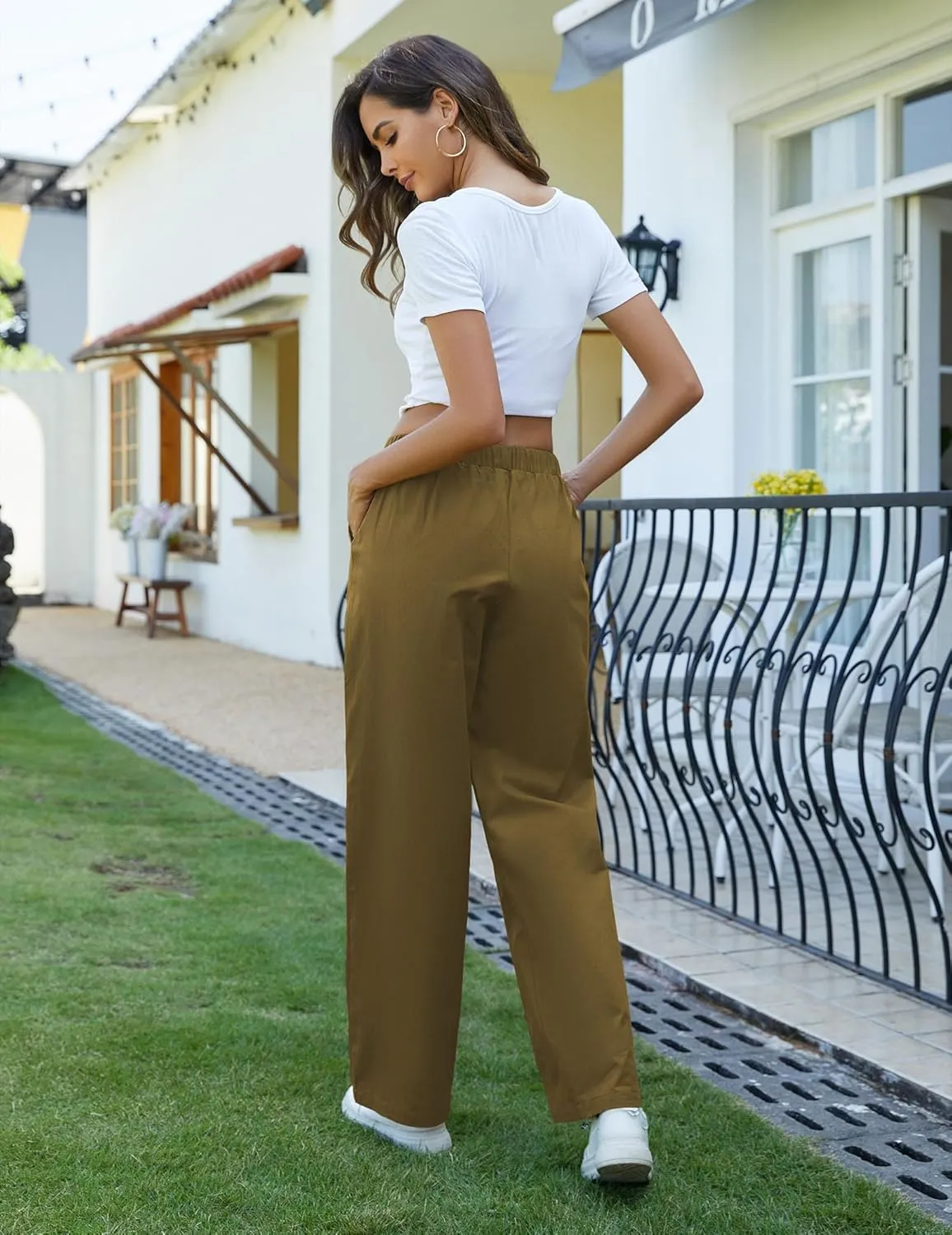 Womens Cotton Casual Pants Straight Wide Leg Drawstring Elastic Loose Lounge Comfy Trousers with Pockets