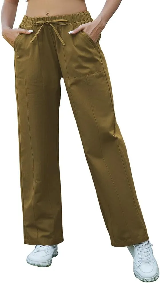 Womens Cotton Casual Pants Straight Wide Leg Drawstring Elastic Loose Lounge Comfy Trousers with Pockets