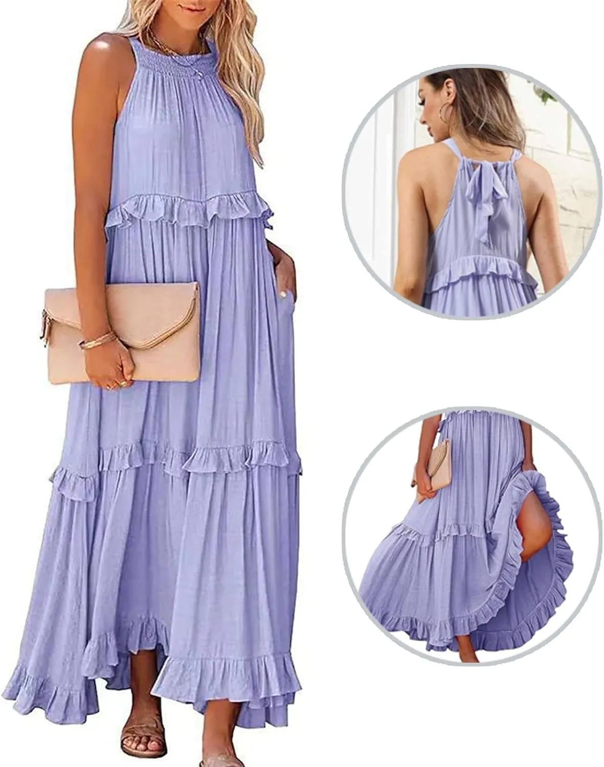 Women's Crew Halter Neck Tiered Pleated Flowy Ruffle Maxi Swing Smocked Sundress with Pockets, Loose Fit Boho Maxi Long Dress
