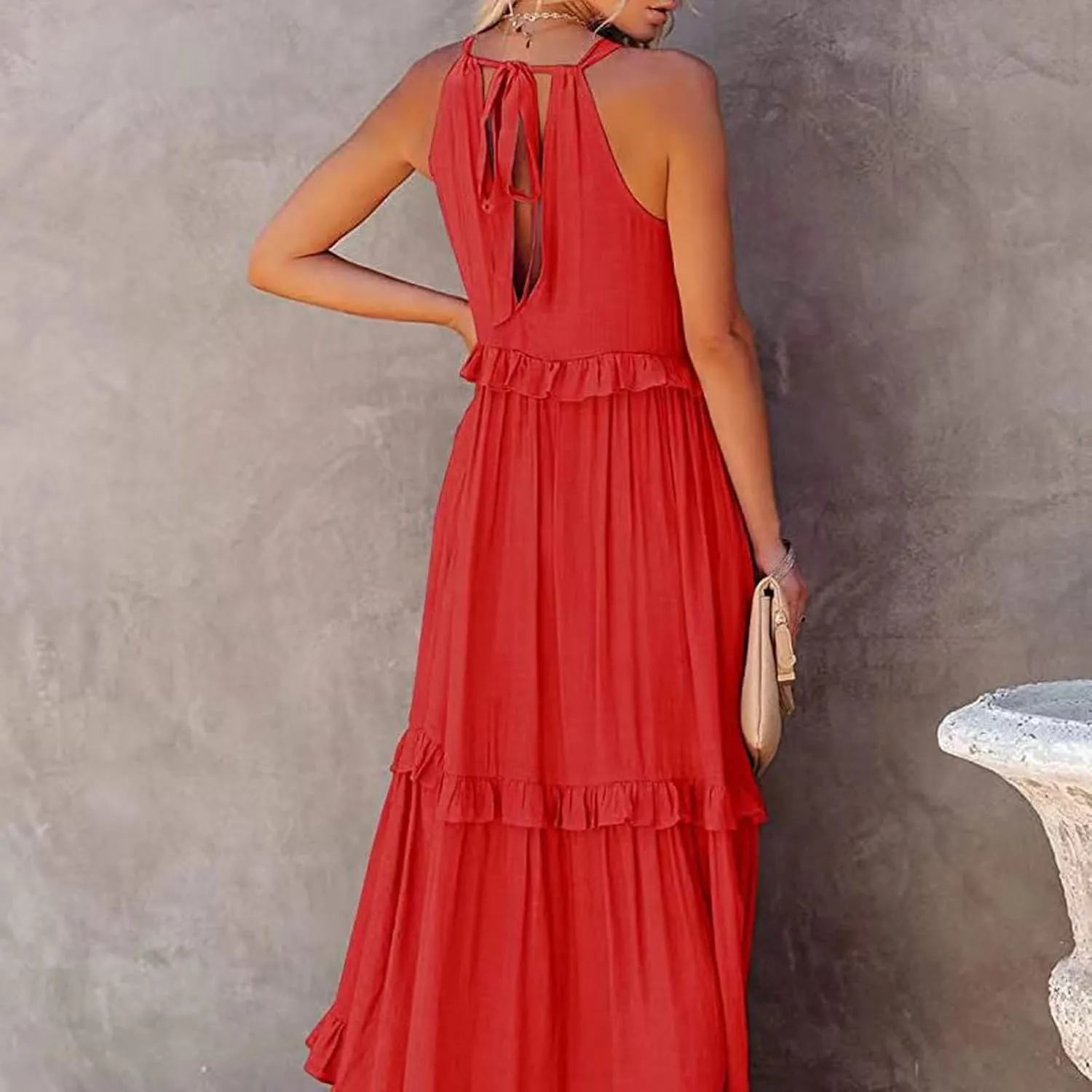 Women's Crew Halter Neck Tiered Pleated Flowy Ruffle Maxi Swing Smocked Sundress with Pockets, Loose Fit Boho Maxi Long Dress