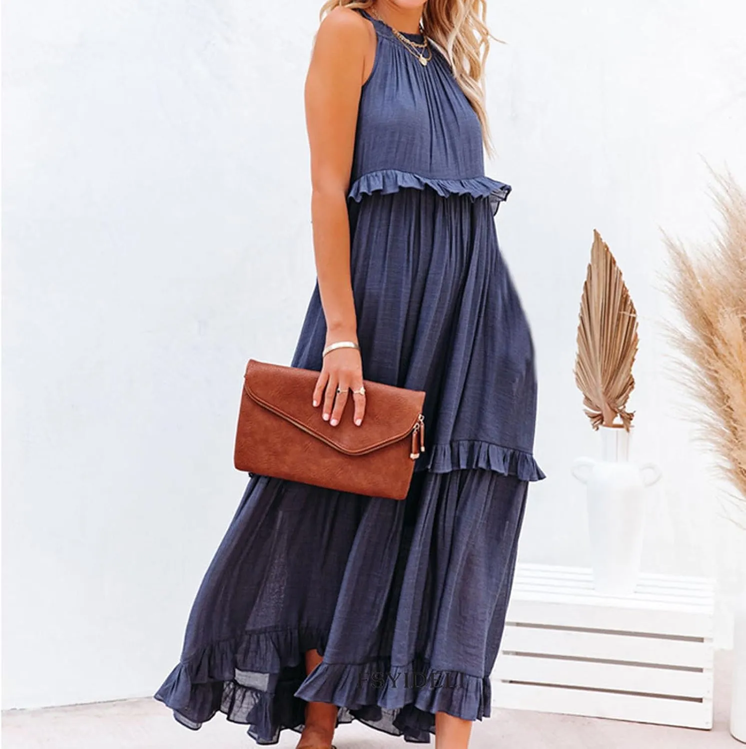 Women's Crew Halter Neck Tiered Pleated Flowy Ruffle Maxi Swing Smocked Sundress with Pockets, Loose Fit Boho Maxi Long Dress