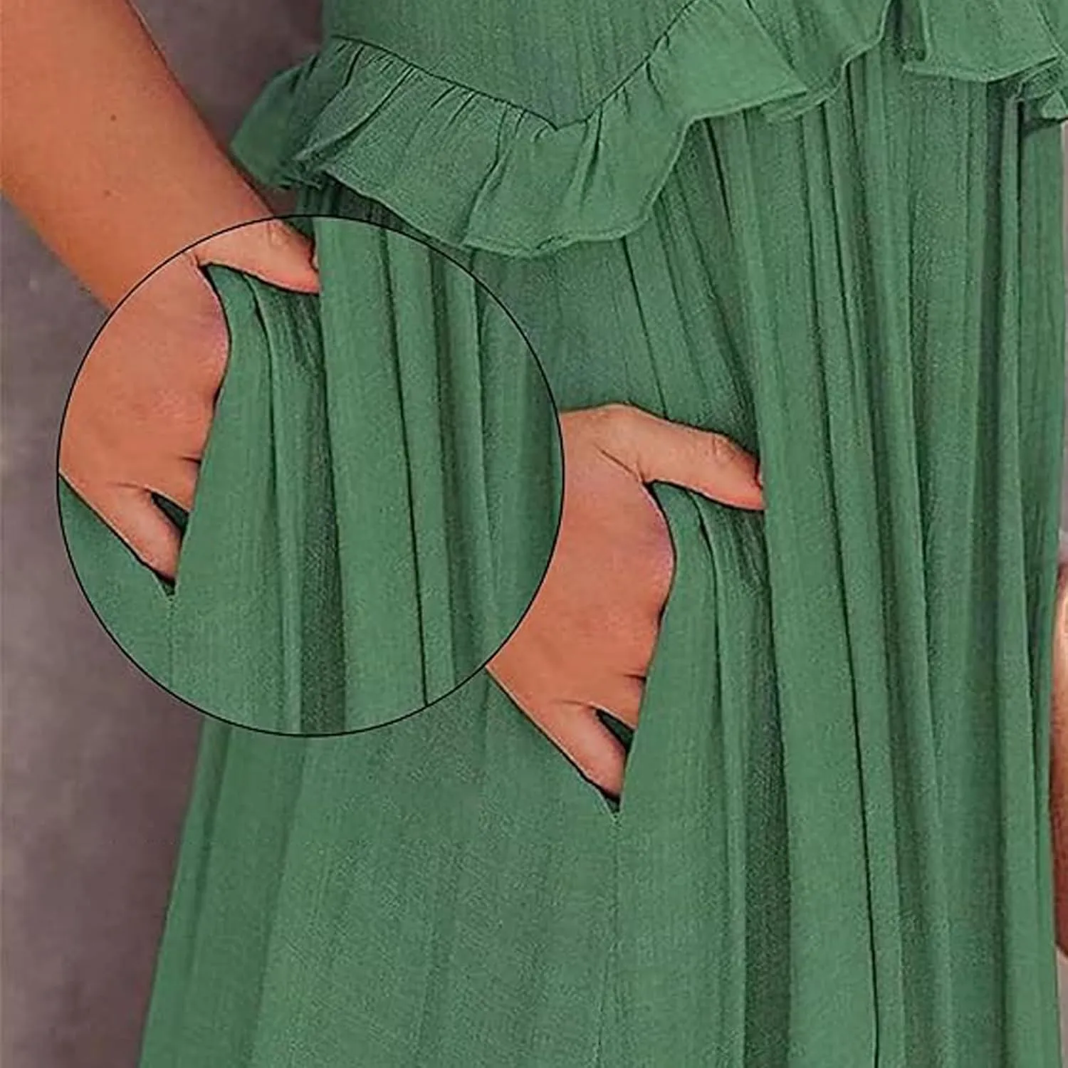 Women's Crew Halter Neck Tiered Pleated Flowy Ruffle Maxi Swing Smocked Sundress with Pockets, Loose Fit Boho Maxi Long Dress