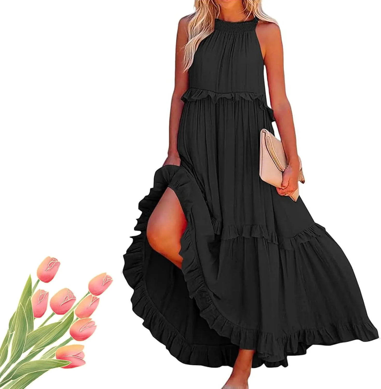 Women's Crew Halter Neck Tiered Pleated Flowy Ruffle Maxi Swing Smocked Sundress with Pockets, Loose Fit Boho Maxi Long Dress