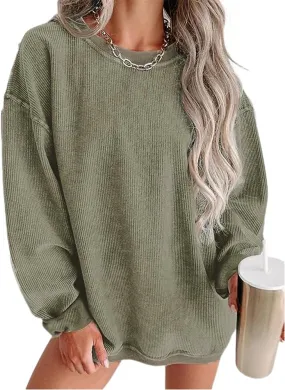 Womens Crewneck Oversized Corduroy Corded Sweatshirt Casual Long Sleeve Trendy Pullover Comfy Tops