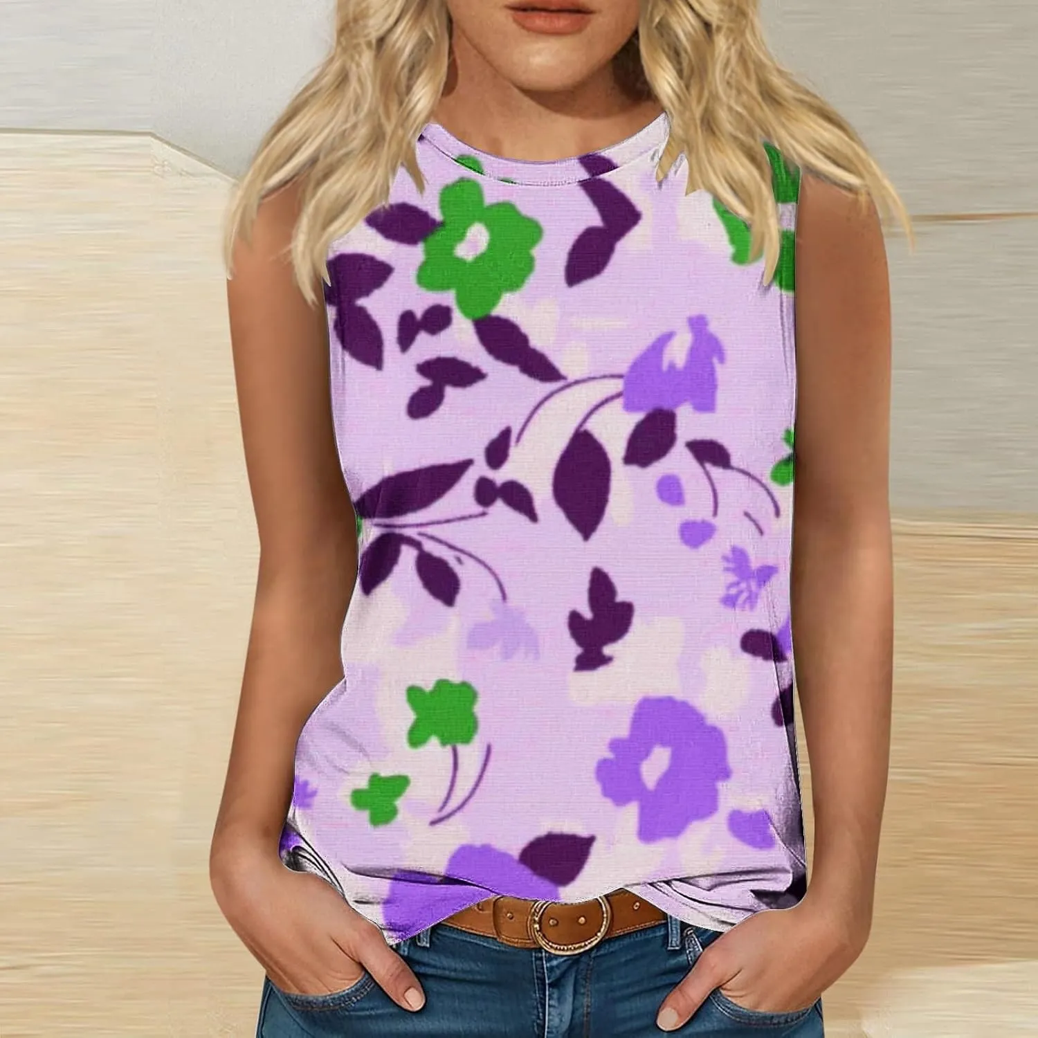 Women's Fashion Floral Print Casual Tank Tops, Summer Soft Comfy Sleeveless Shirts Loose Breathable Going Out Clothes