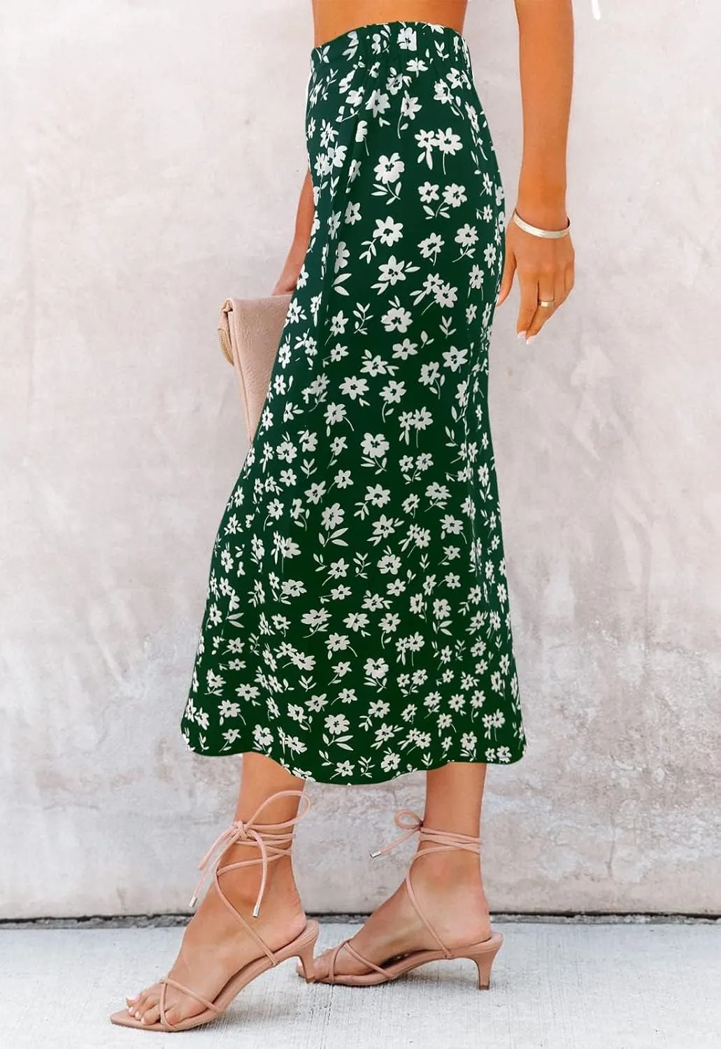 Women’s Floral Print Midi Skirt Casual High Elastic Waist Zipper Vintage Long Boho Skirts for Women
