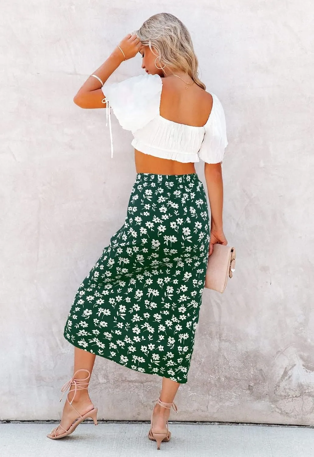 Women’s Floral Print Midi Skirt Casual High Elastic Waist Zipper Vintage Long Boho Skirts for Women