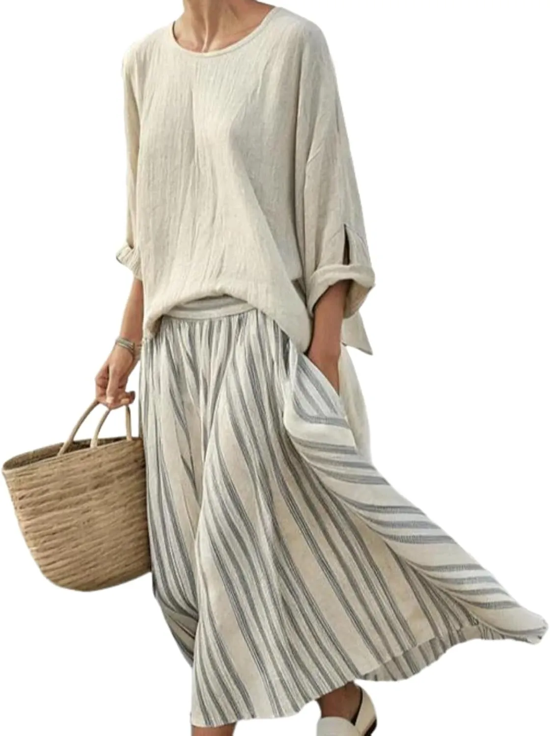 Women's Linen Two Piece Suit Solid Top with Striped Dress 2 Piece Summer Outfits Tops and Maxi Skirt Dress Sets Outfits