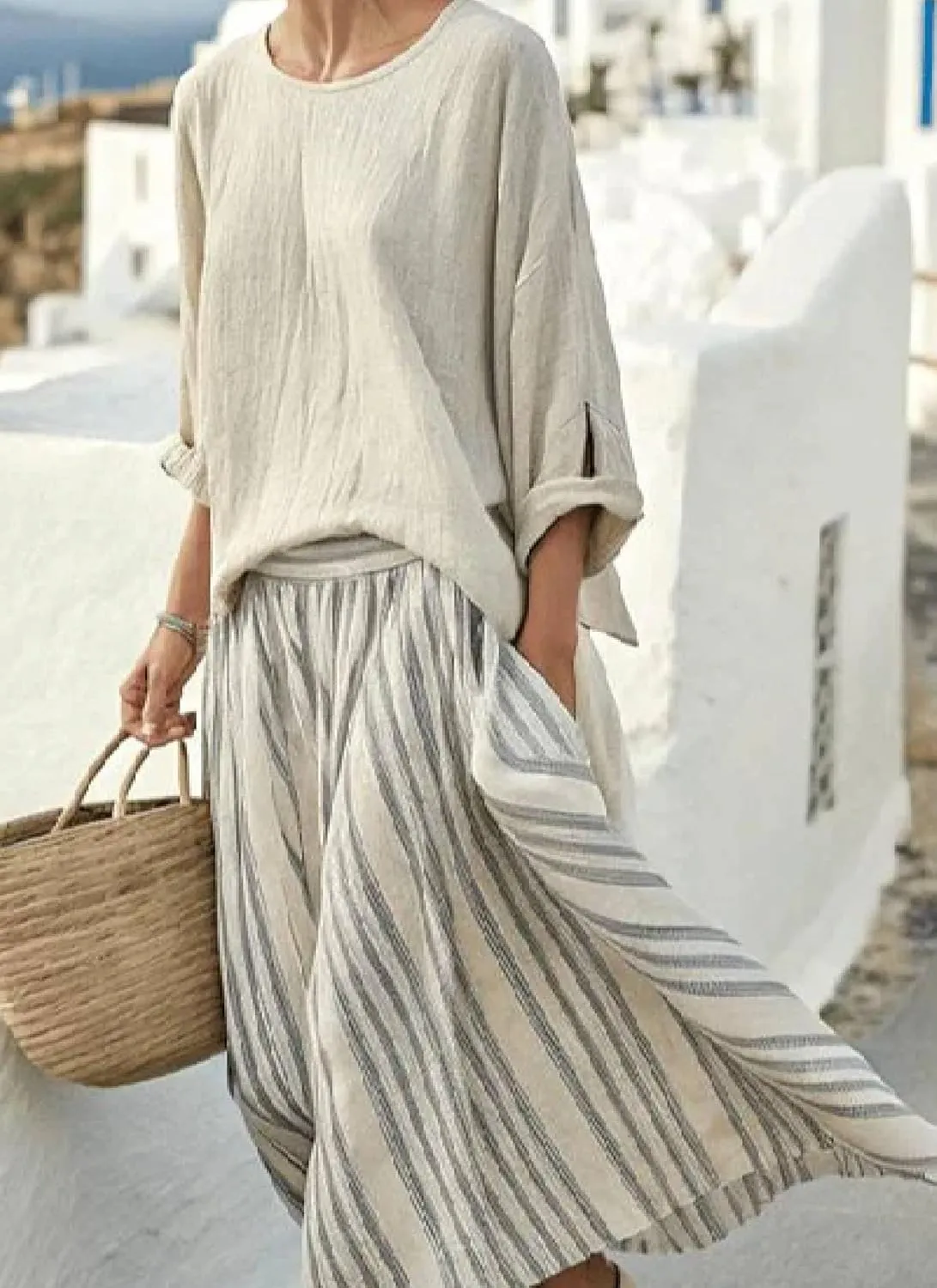 Women's Linen Two Piece Suit Solid Top with Striped Dress 2 Piece Summer Outfits Tops and Maxi Skirt Dress Sets Outfits