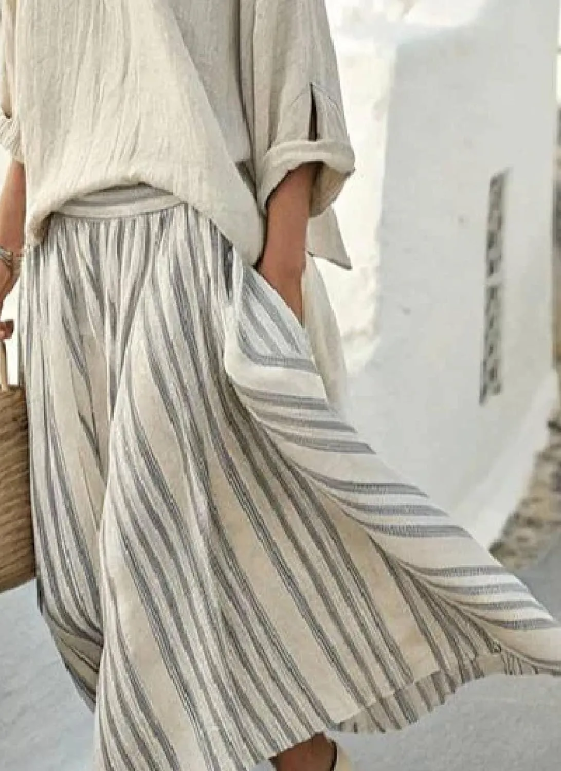Women's Linen Two Piece Suit Solid Top with Striped Dress 2 Piece Summer Outfits Tops and Maxi Skirt Dress Sets Outfits