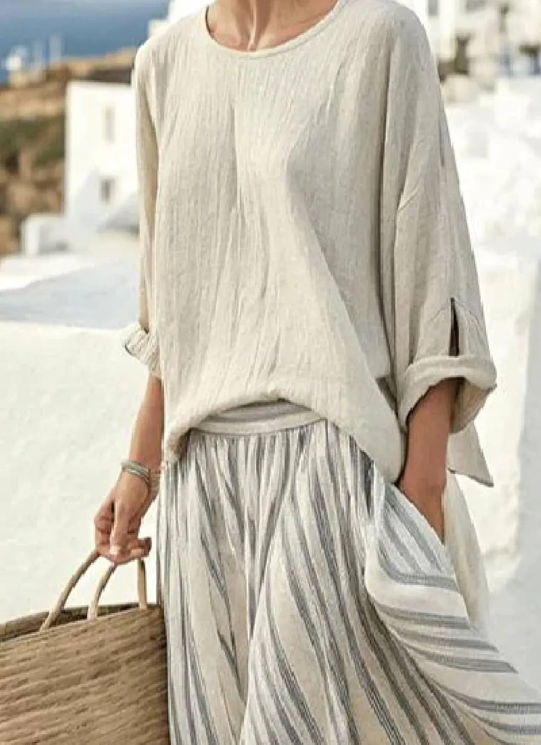 Women's Linen Two Piece Suit Solid Top with Striped Dress 2 Piece Summer Outfits Tops and Maxi Skirt Dress Sets Outfits