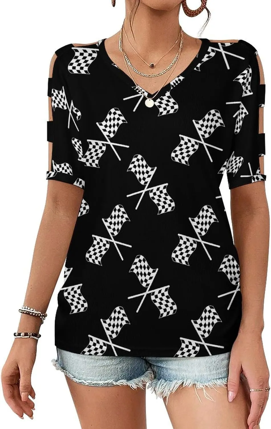 Womens Summer Casual T Shirt Short Sleeve Cold Shoulder Round Neck Tunic Tops