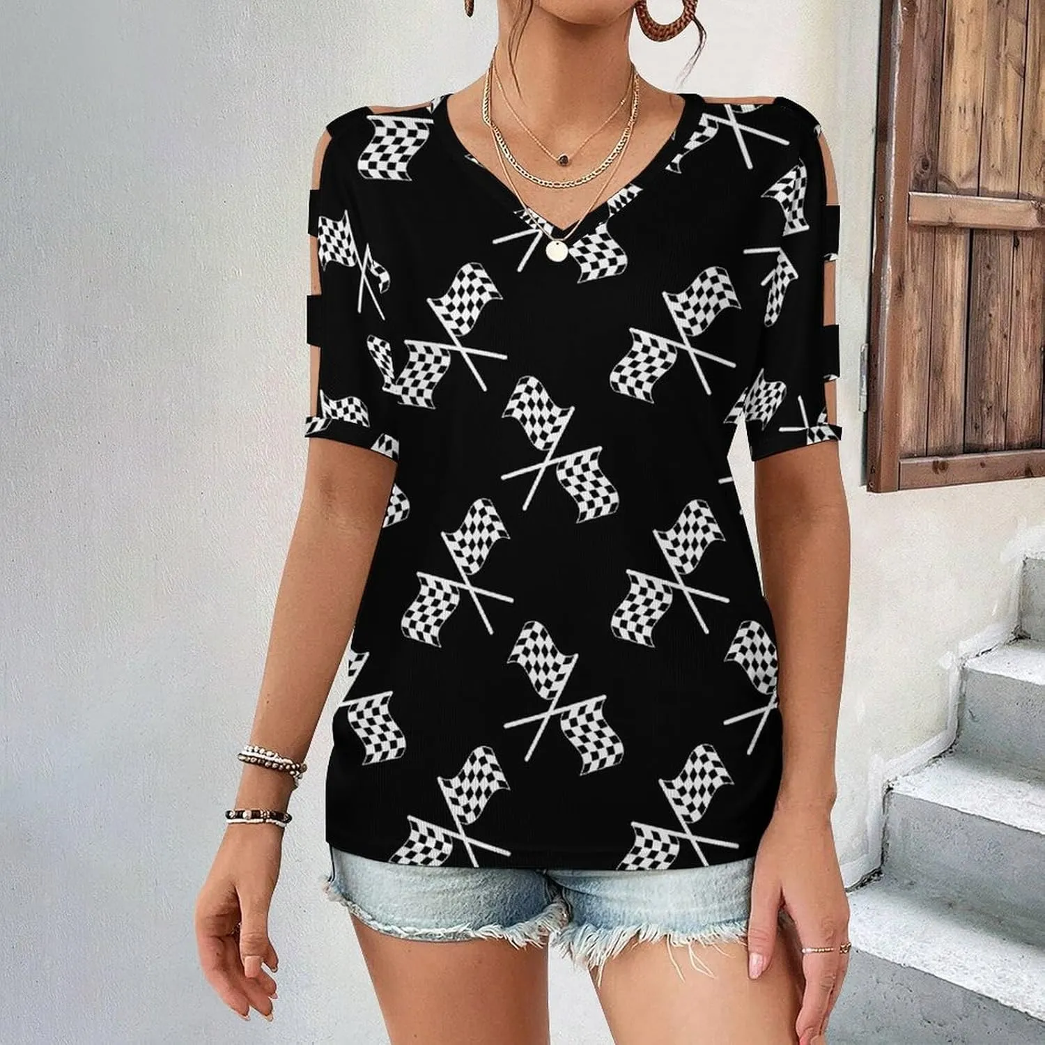 Womens Summer Casual T Shirt Short Sleeve Cold Shoulder Round Neck Tunic Tops