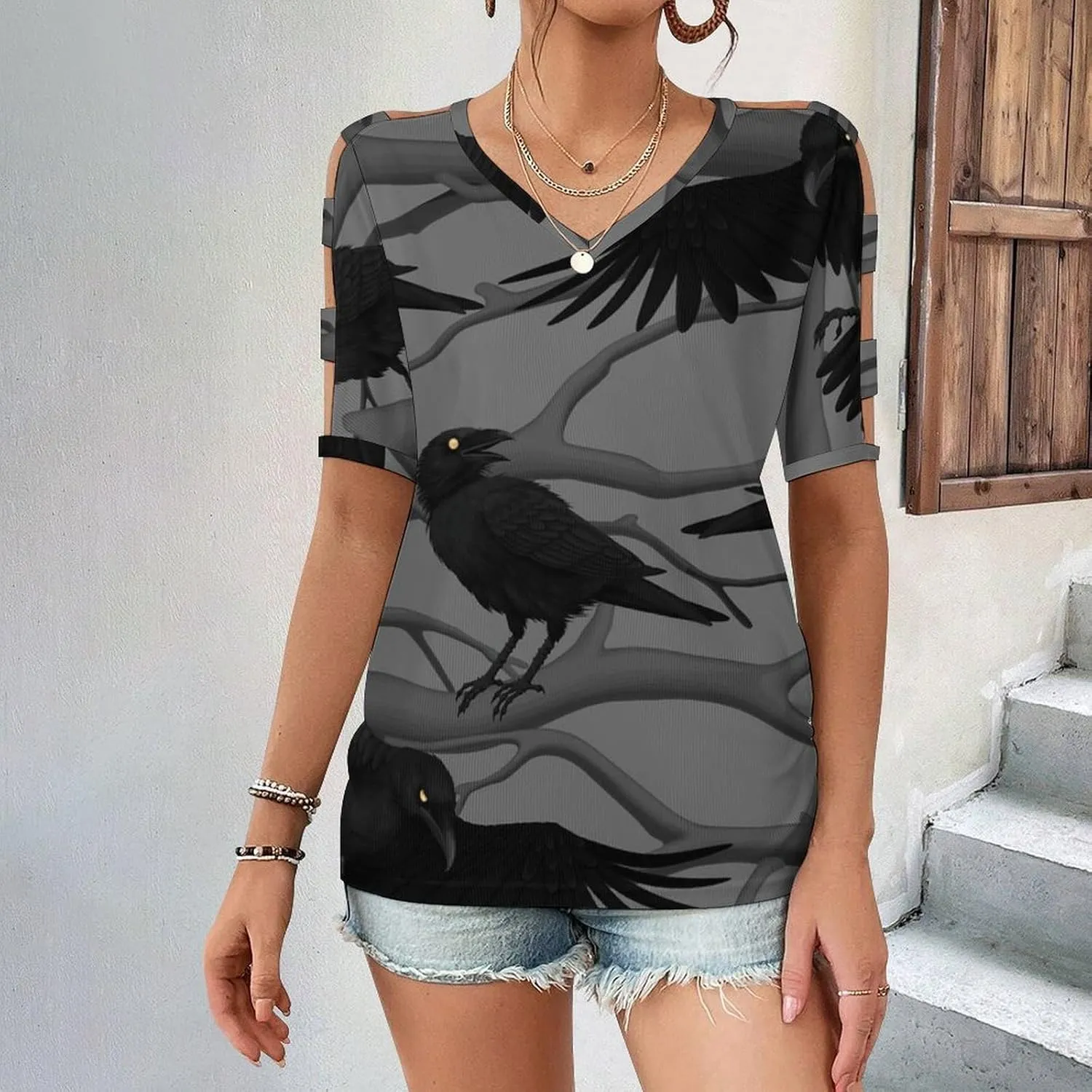 Womens Summer Casual T Shirt Short Sleeve Cold Shoulder Round Neck Tunic Tops