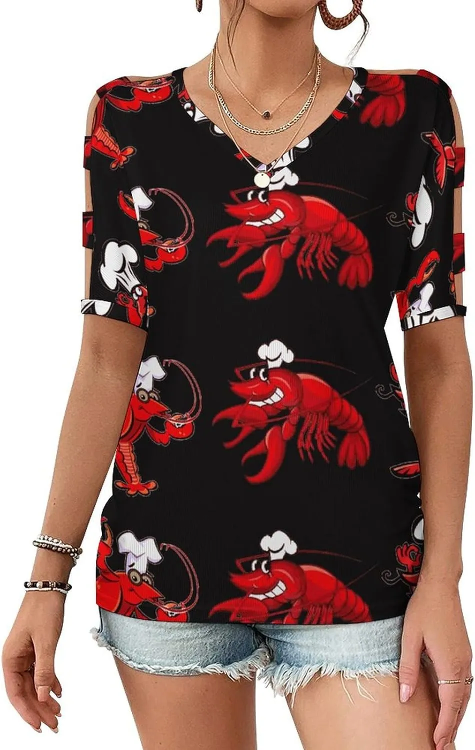 Womens Summer Casual T Shirt Short Sleeve Cold Shoulder Round Neck Tunic Tops