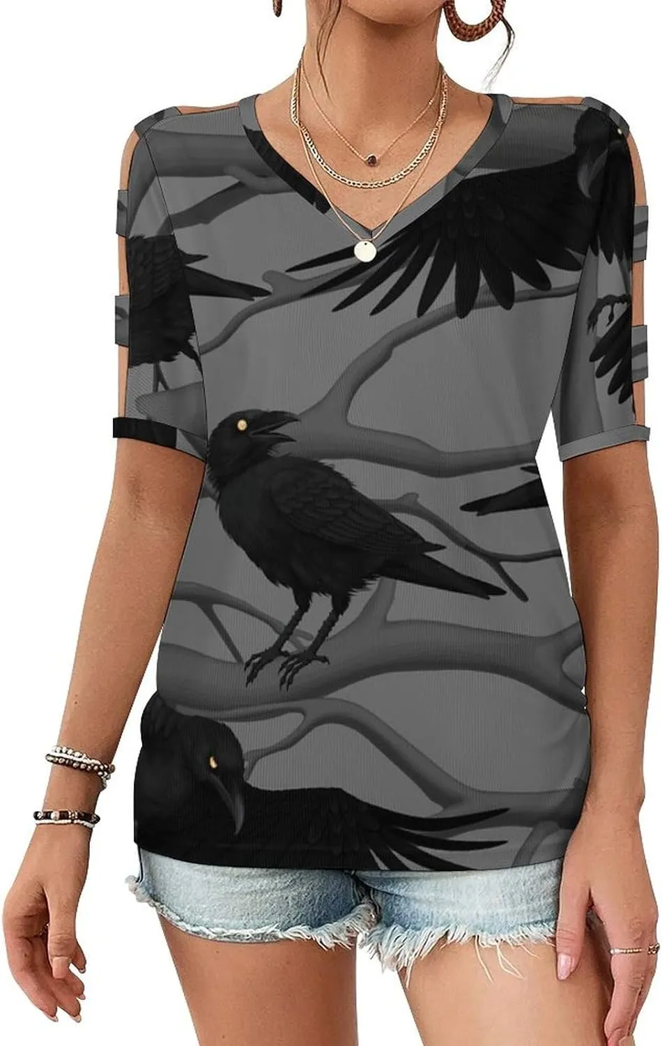 Womens Summer Casual T Shirt Short Sleeve Cold Shoulder Round Neck Tunic Tops