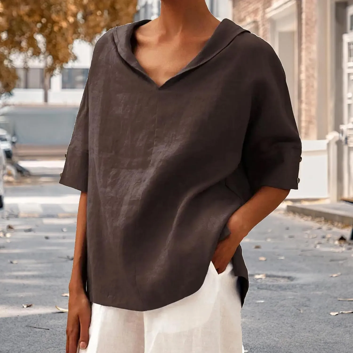 Women's Summer Linen Shirt Breathable Tops with Hoodie V Neck Half Sleeve Tshirt Casual Beach Tunic Vacation Blouse