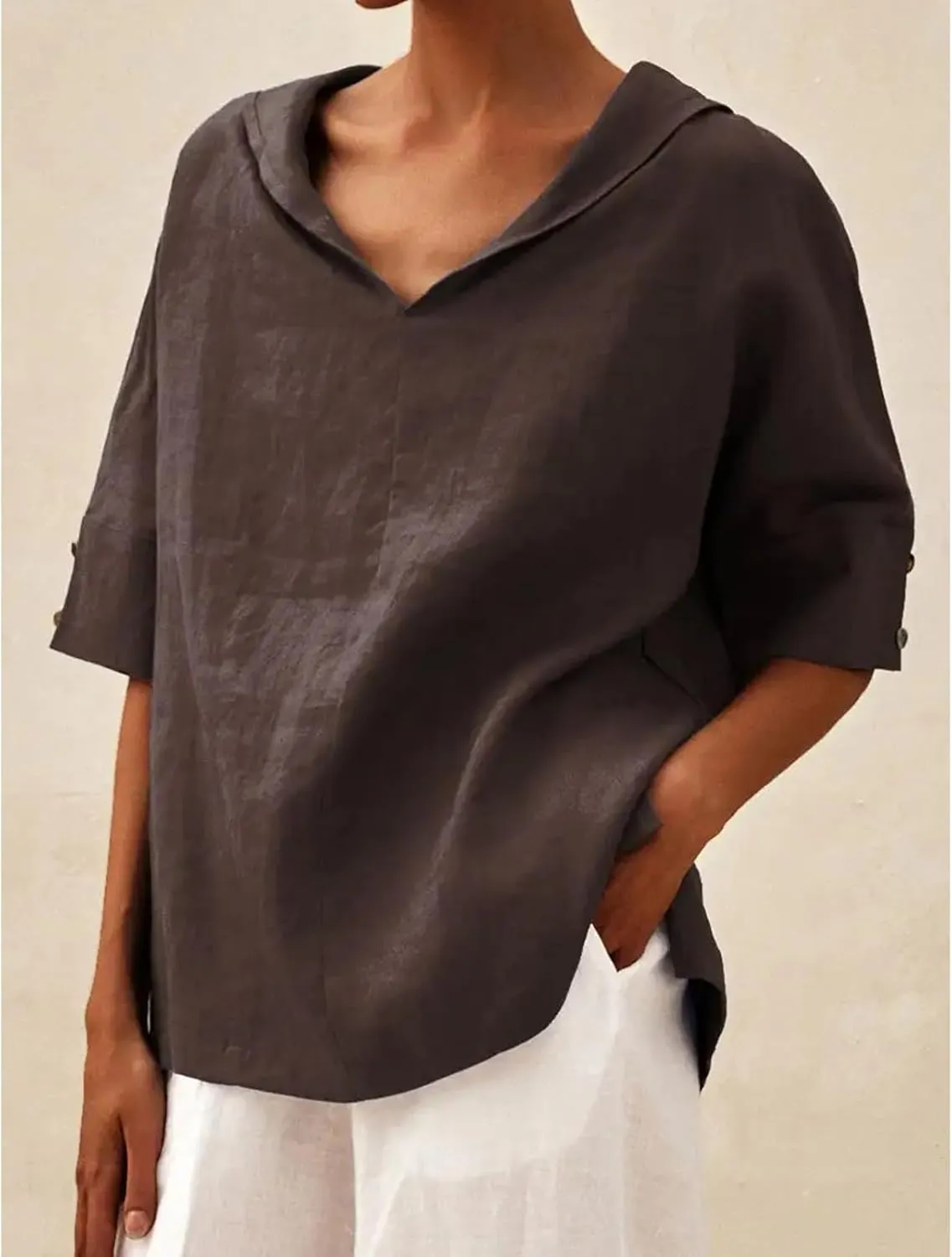 Women's Summer Linen Shirt Breathable Tops with Hoodie V Neck Half Sleeve Tshirt Casual Beach Tunic Vacation Blouse