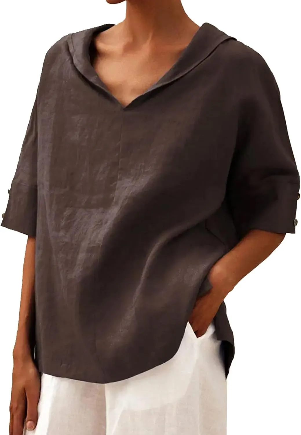 Women's Summer Linen Shirt Breathable Tops with Hoodie V Neck Half Sleeve Tshirt Casual Beach Tunic Vacation Blouse
