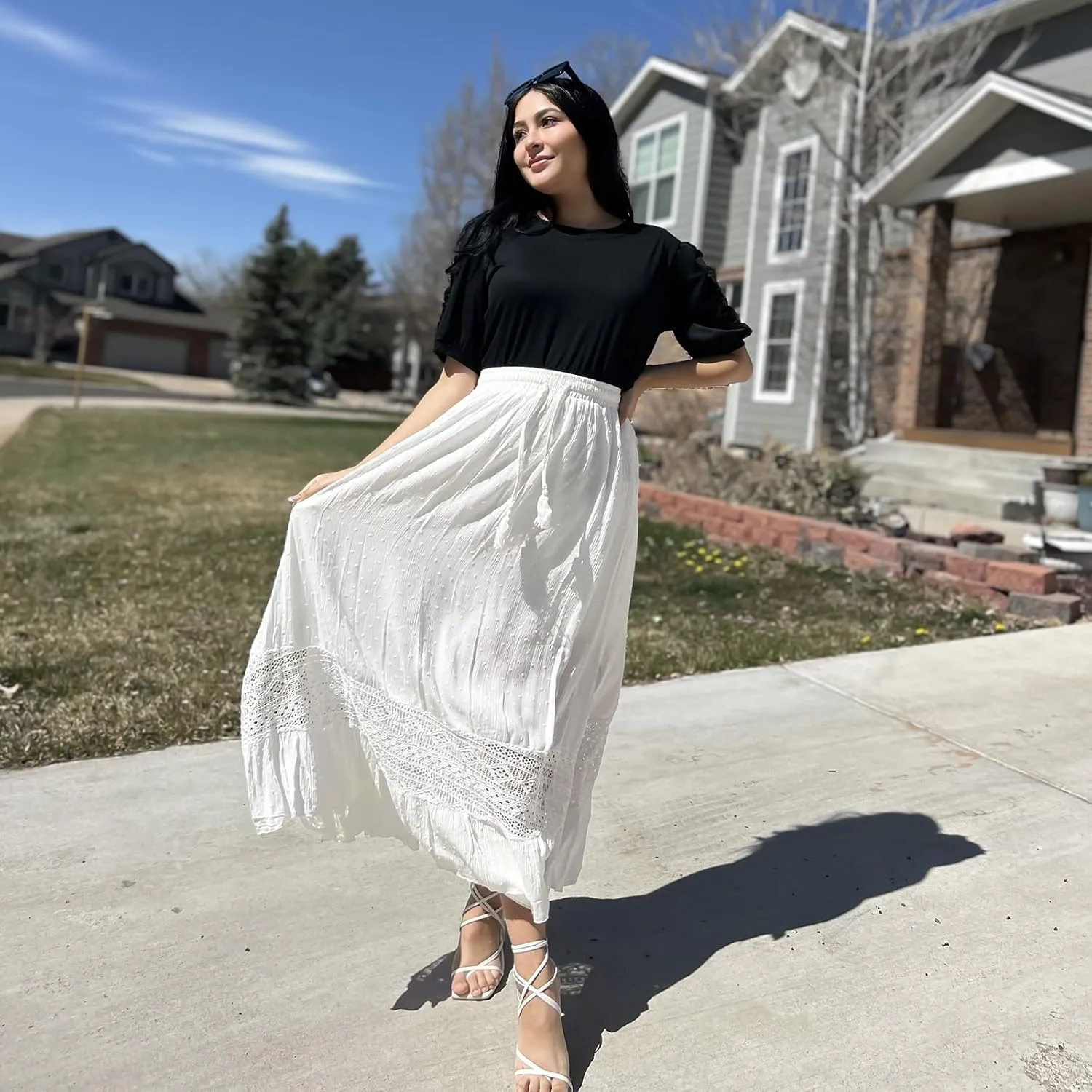 Women's Summer Maxi Skirt Elastic High Waist Boho Beach Skirt A Line Long Skirt Lace Trim Flowy Long Skirt