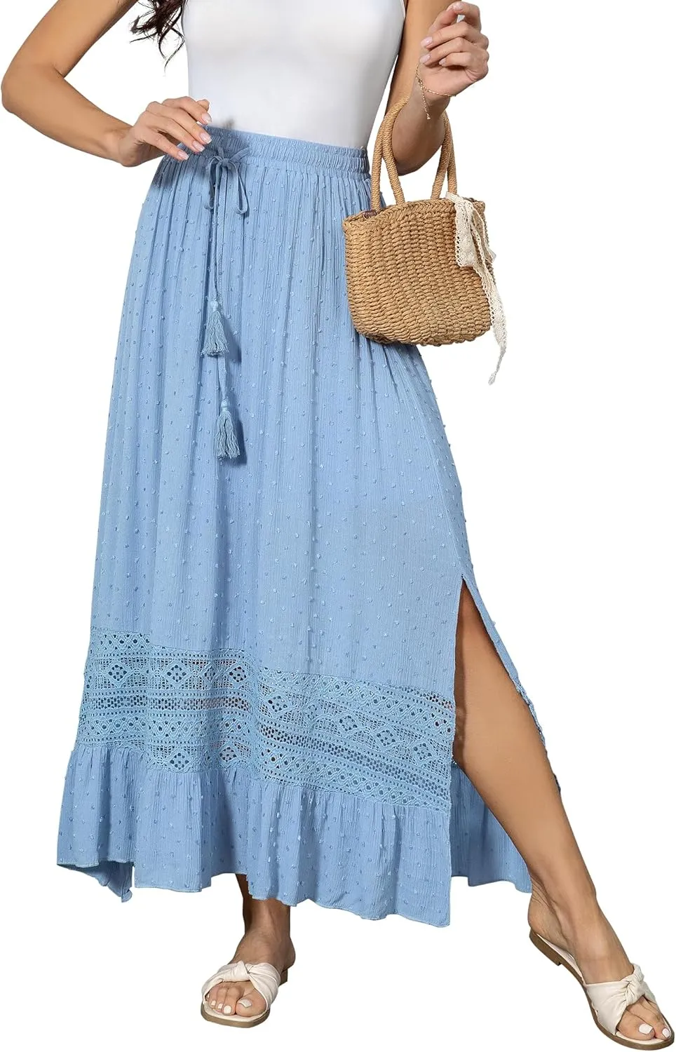 Women's Summer Maxi Skirt Elastic High Waist Boho Beach Skirt A Line Long Skirt Lace Trim Flowy Long Skirt