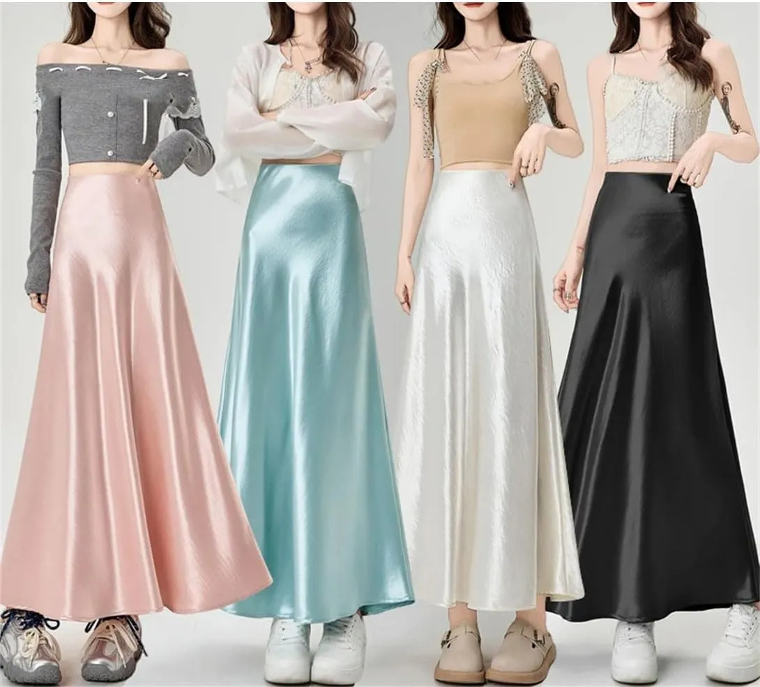 Women's Summer Satin Fishtail Pencil Skirt Stretch High Waist Work Office Knee-Length Midi Skirt
