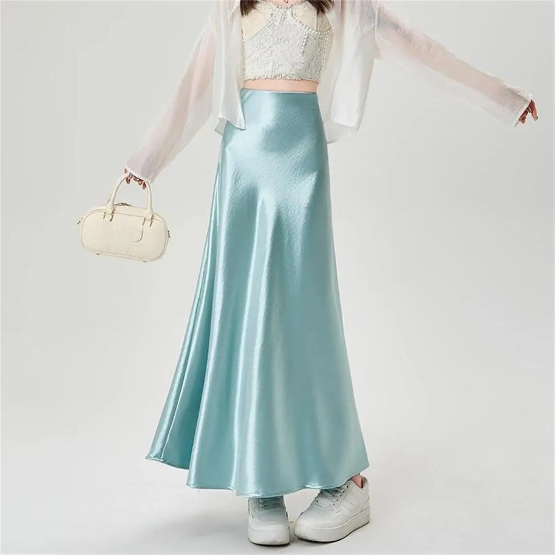 Women's Summer Satin Fishtail Pencil Skirt Stretch High Waist Work Office Knee-Length Midi Skirt