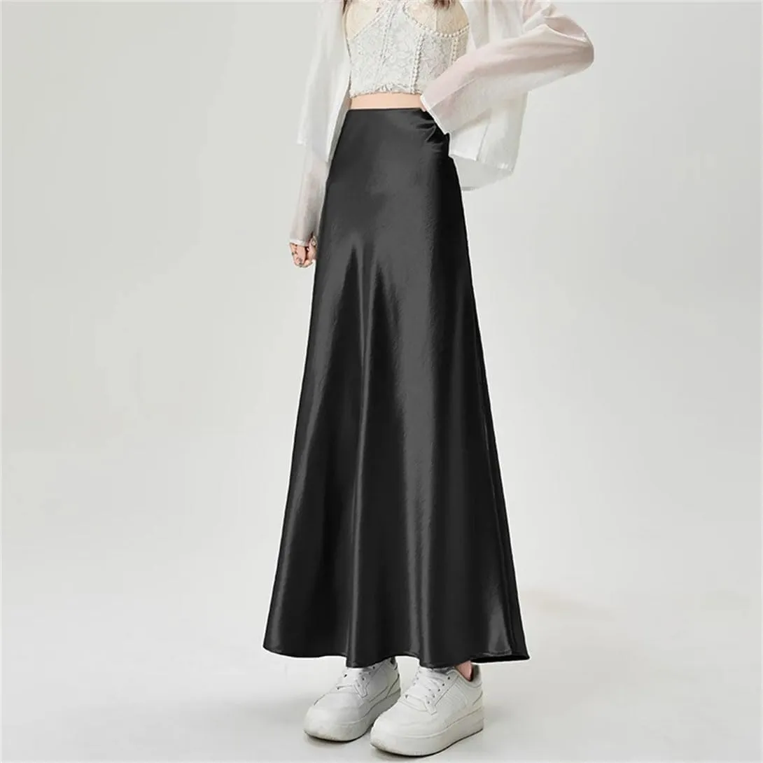 Women's Summer Satin Fishtail Pencil Skirt Stretch High Waist Work Office Knee-Length Midi Skirt