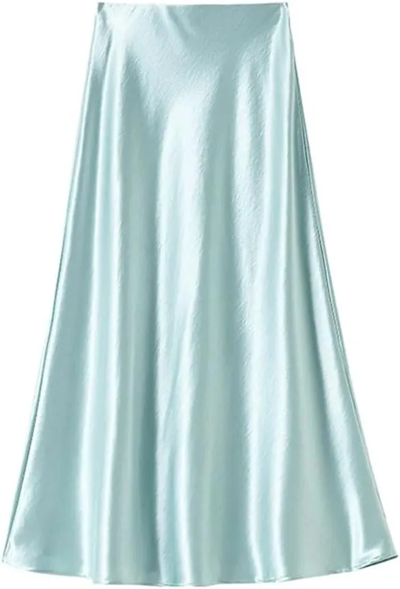 Women's Summer Satin Fishtail Pencil Skirt Stretch High Waist Work Office Knee-Length Midi Skirt
