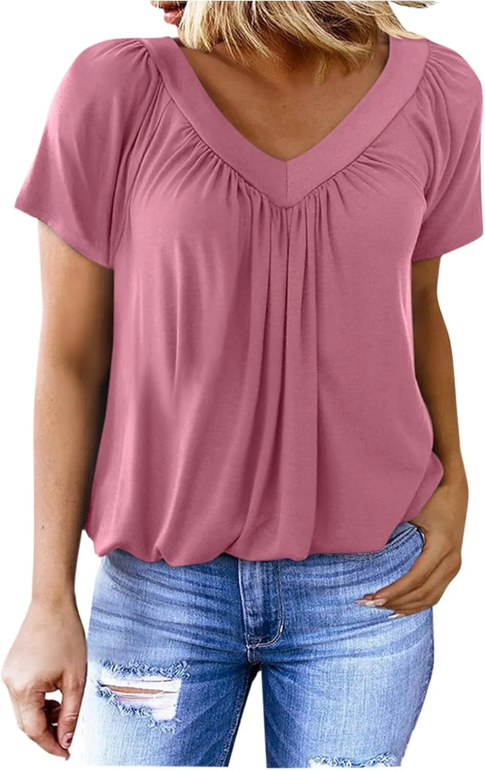 Women's Summer Short Sleeve Shirts, Fashion Pleated V-Neck Casual Tops Comfy Soft Breathable Clothes