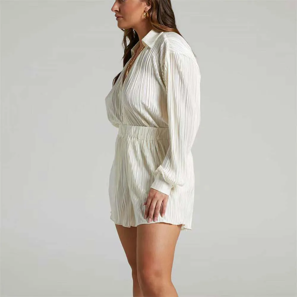 Wrinkled V-neck Collared Shirt and High-Rise Shorts