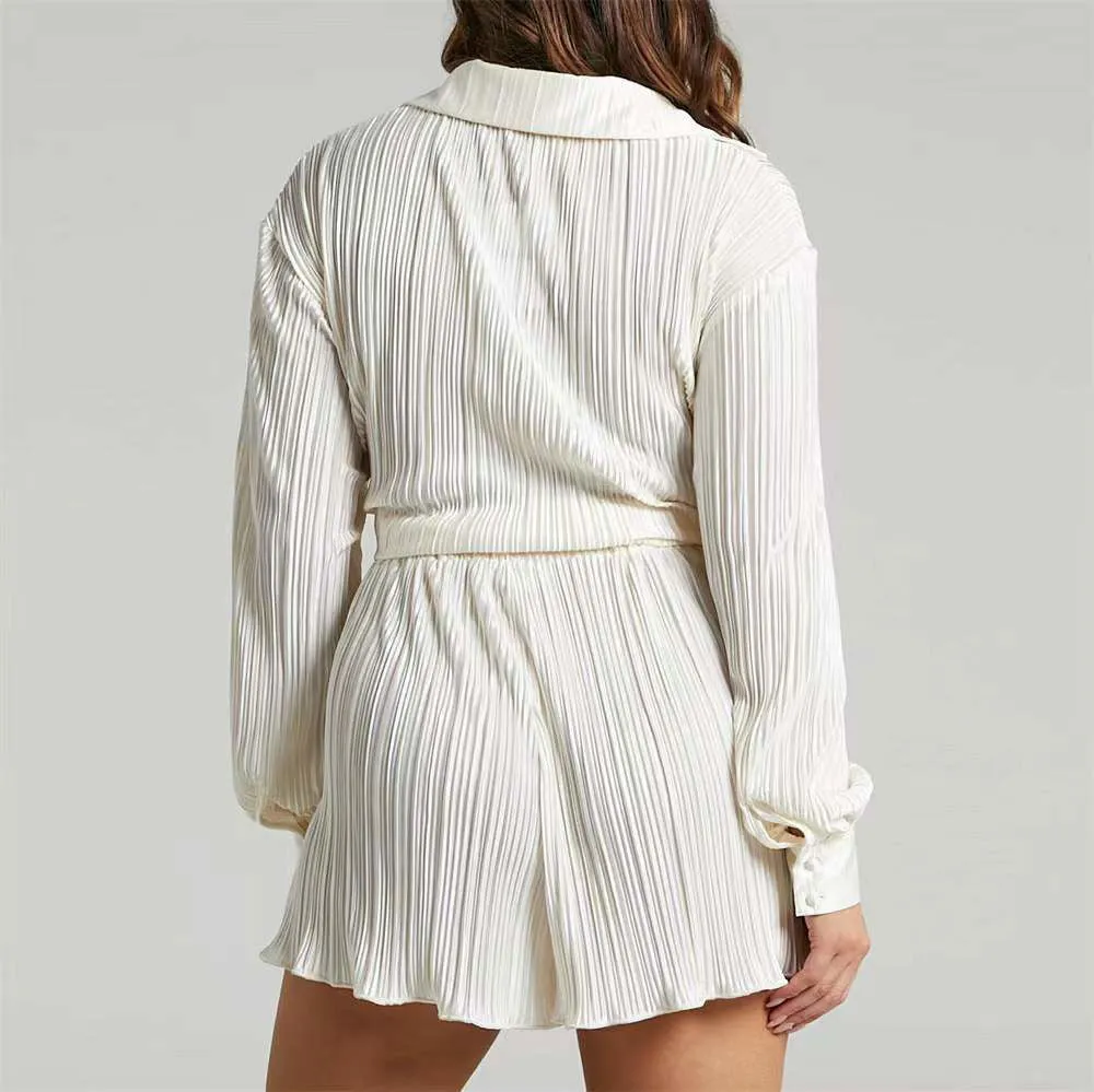 Wrinkled V-neck Collared Shirt and High-Rise Shorts