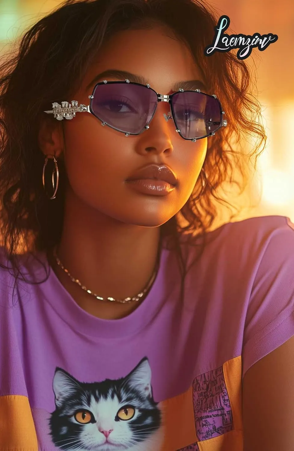 Y2K Futuristic Blue Light glasses for Women, Retro 90s Narrow Rectangle Eyewear with Diamond LA047