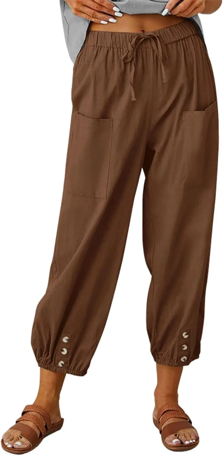 yoeasy Women Cotton and Linen Drawstring Capri Pants Casual High Waist Pocket Cropped Pants