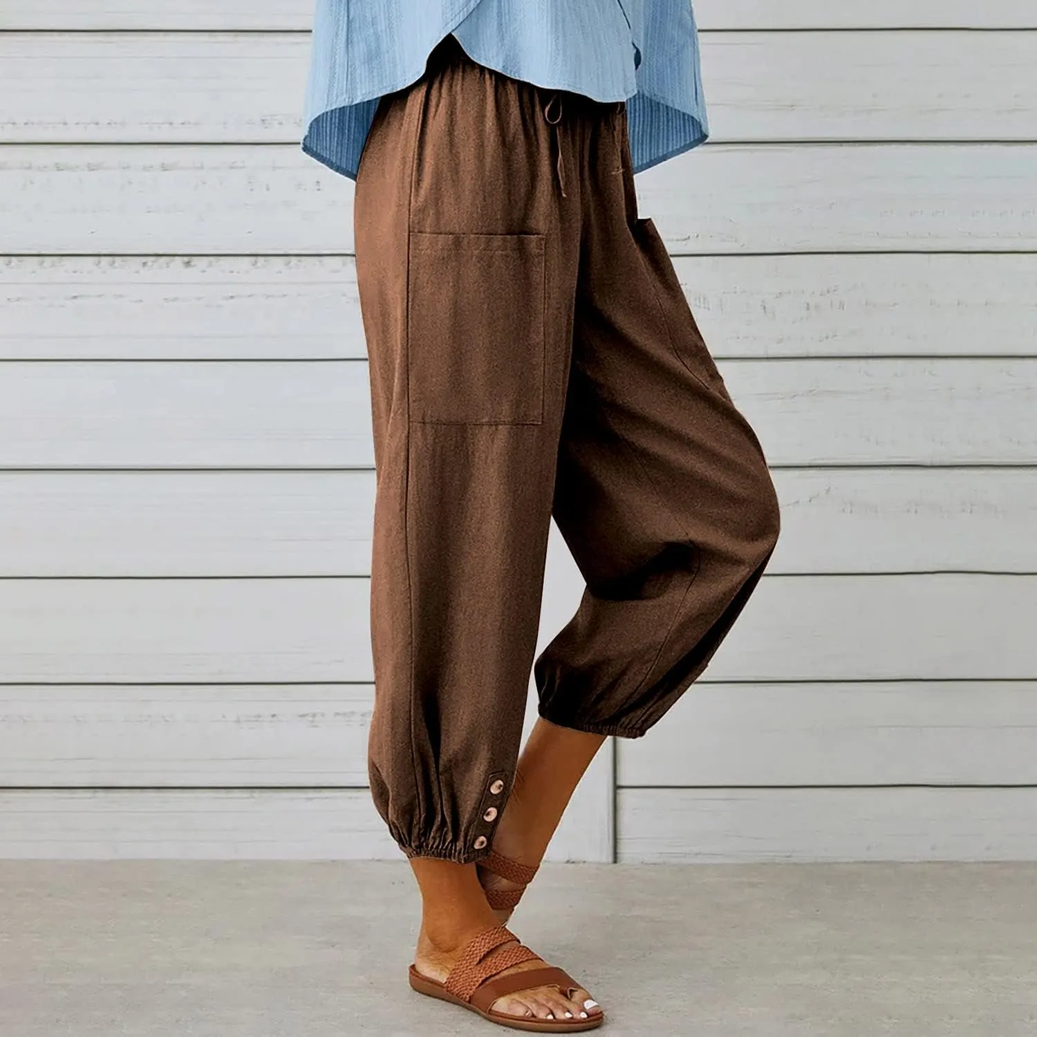 yoeasy Women Cotton and Linen Drawstring Capri Pants Casual High Waist Pocket Cropped Pants