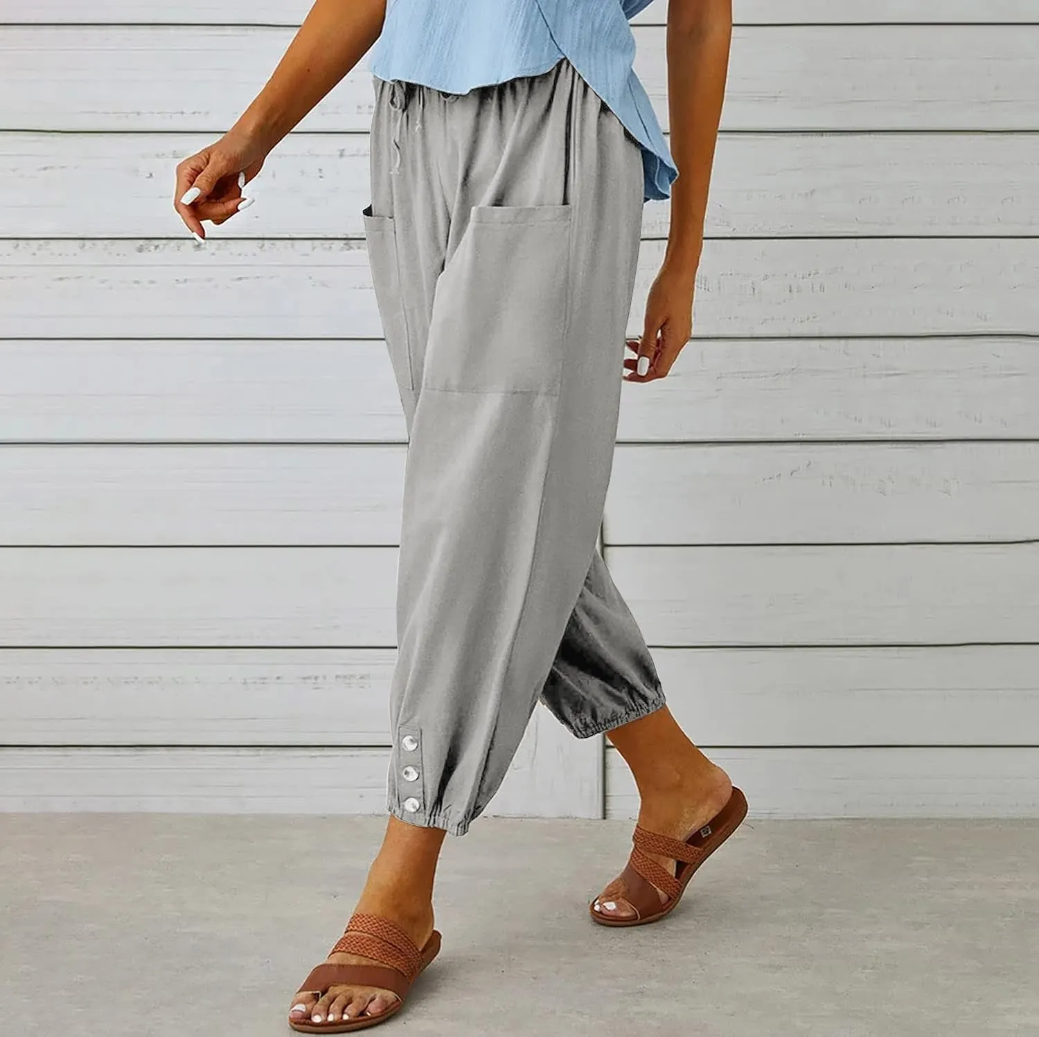 yoeasy Women Cotton and Linen Drawstring Capri Pants Casual High Waist Pocket Cropped Pants