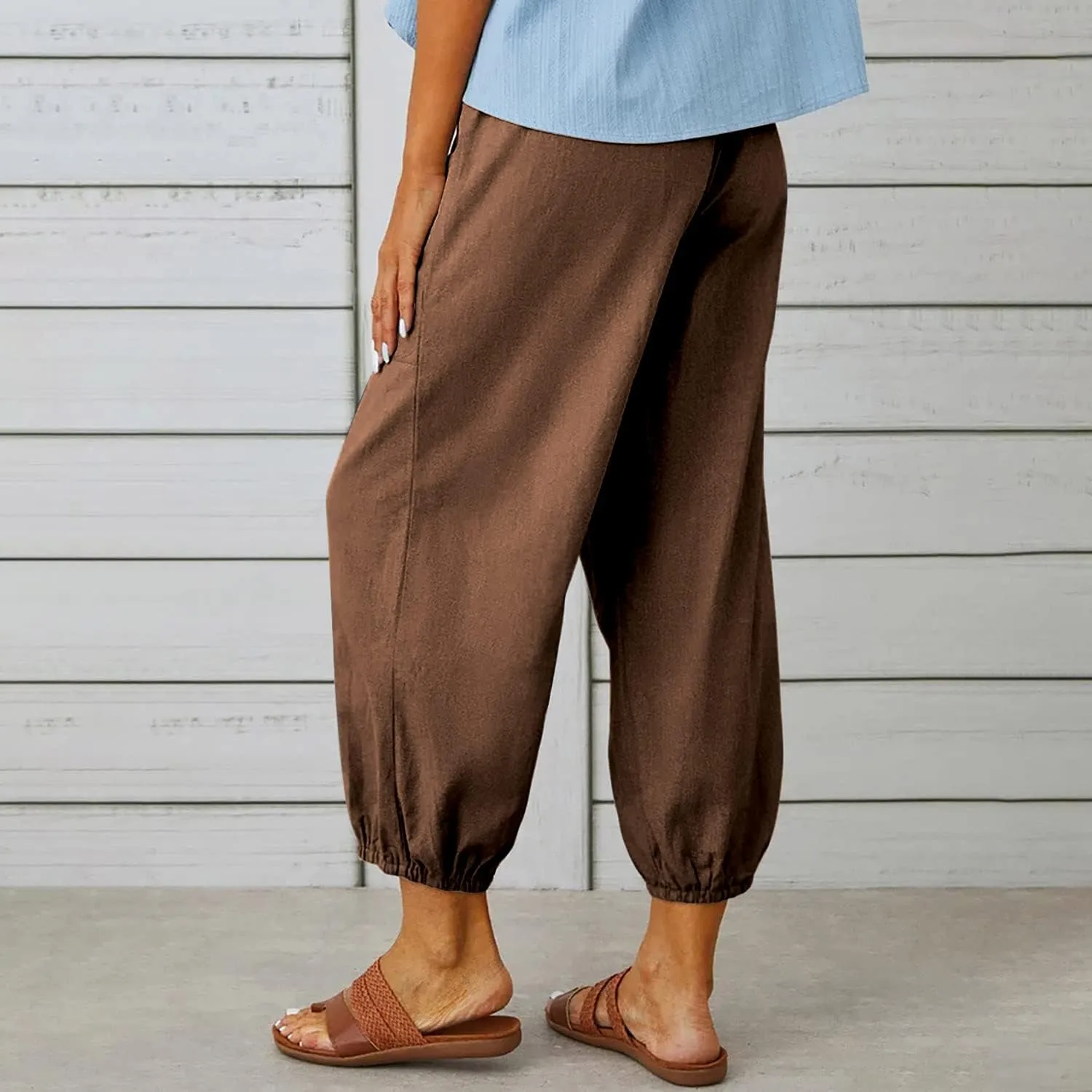 yoeasy Women Cotton and Linen Drawstring Capri Pants Casual High Waist Pocket Cropped Pants
