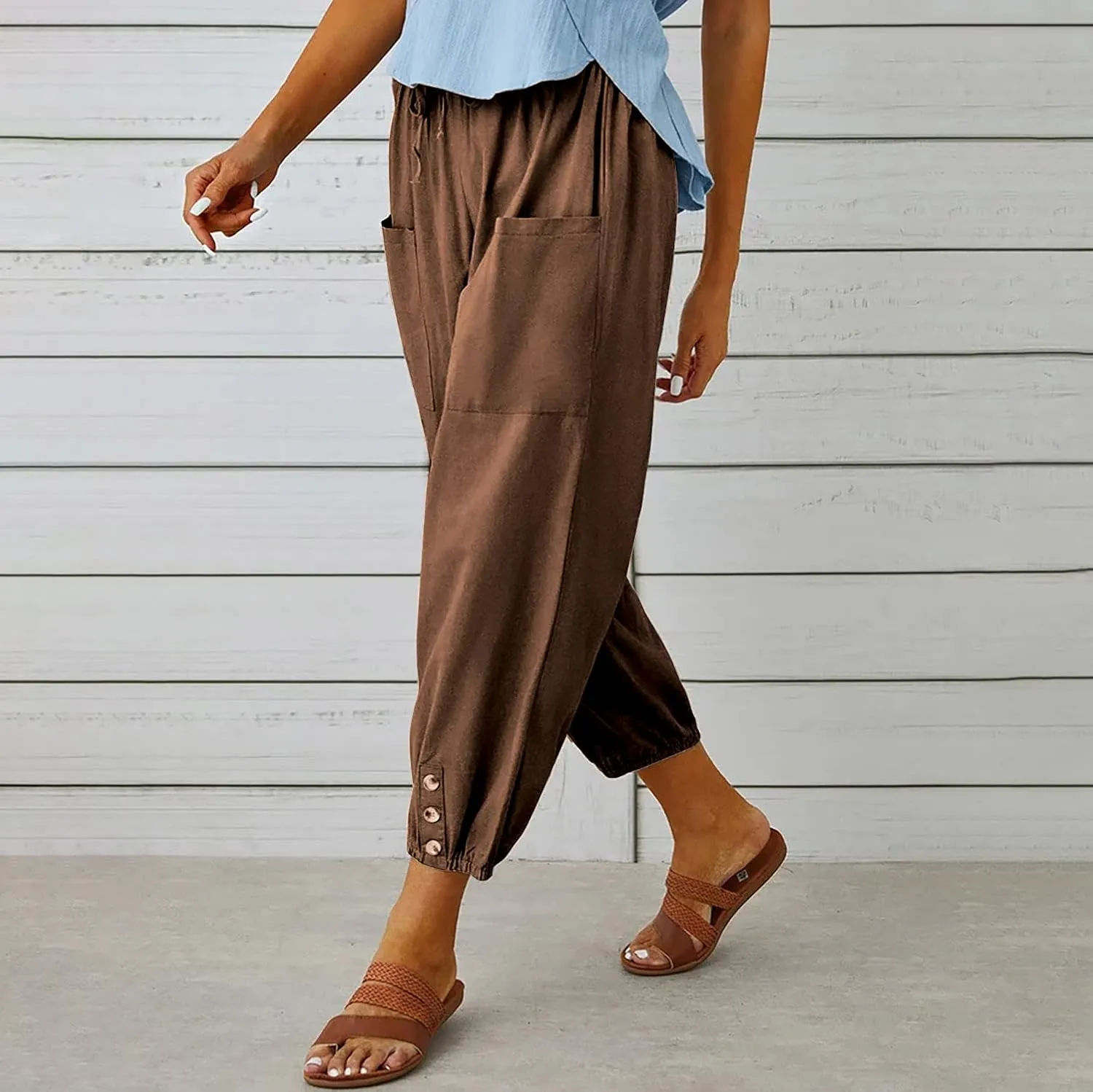 yoeasy Women Cotton and Linen Drawstring Capri Pants Casual High Waist Pocket Cropped Pants