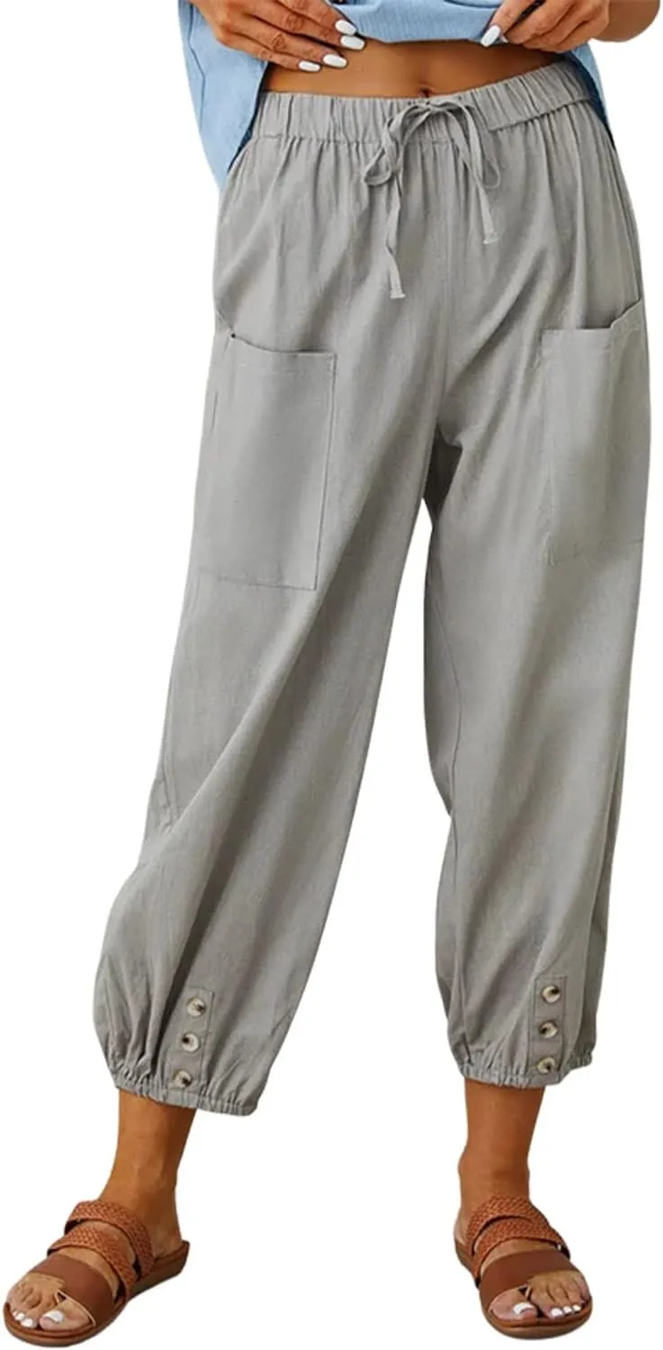 yoeasy Women Cotton and Linen Drawstring Capri Pants Casual High Waist Pocket Cropped Pants