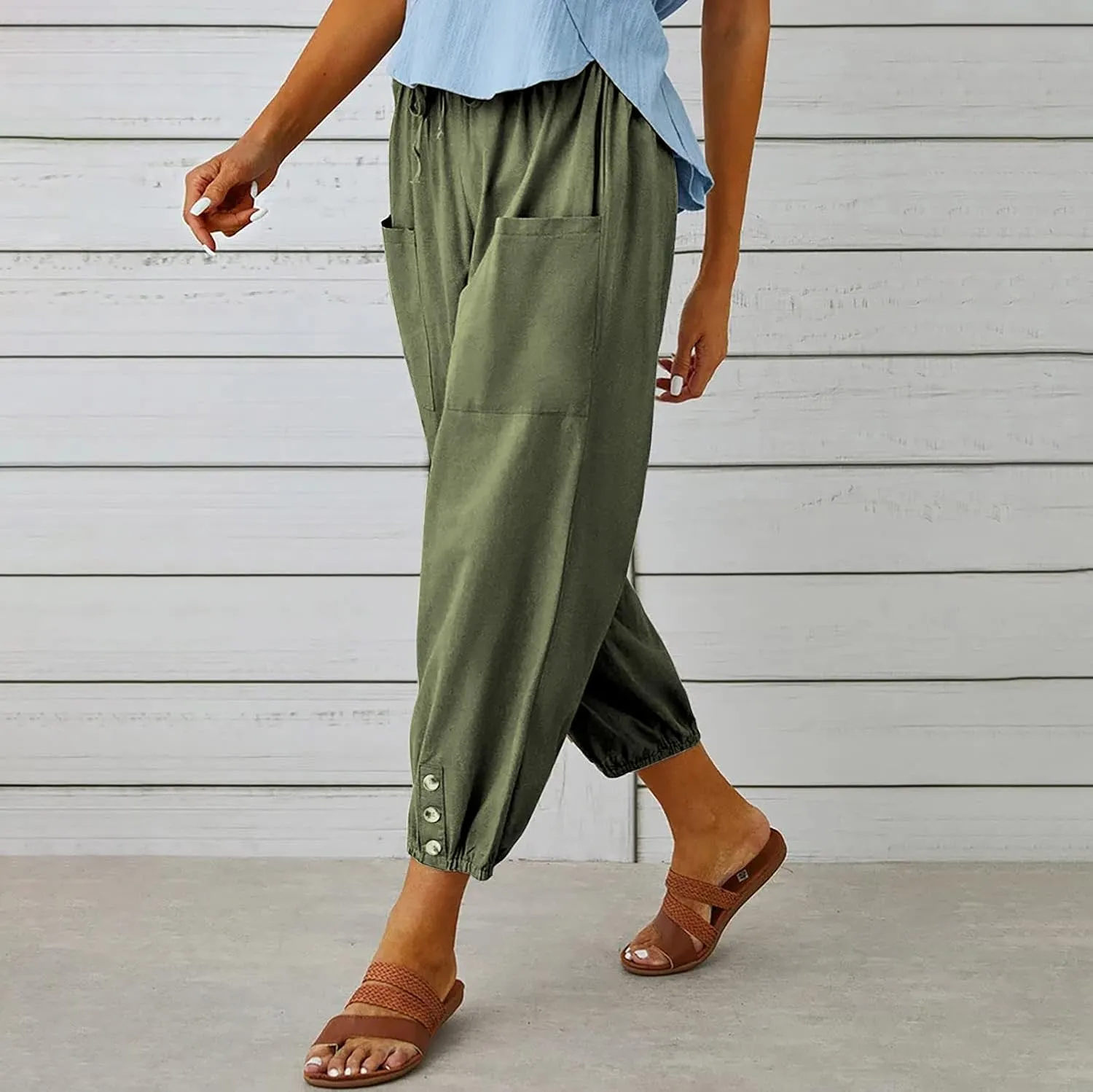yoeasy Women Cotton and Linen Drawstring Capri Pants Casual High Waist Pocket Cropped Pants