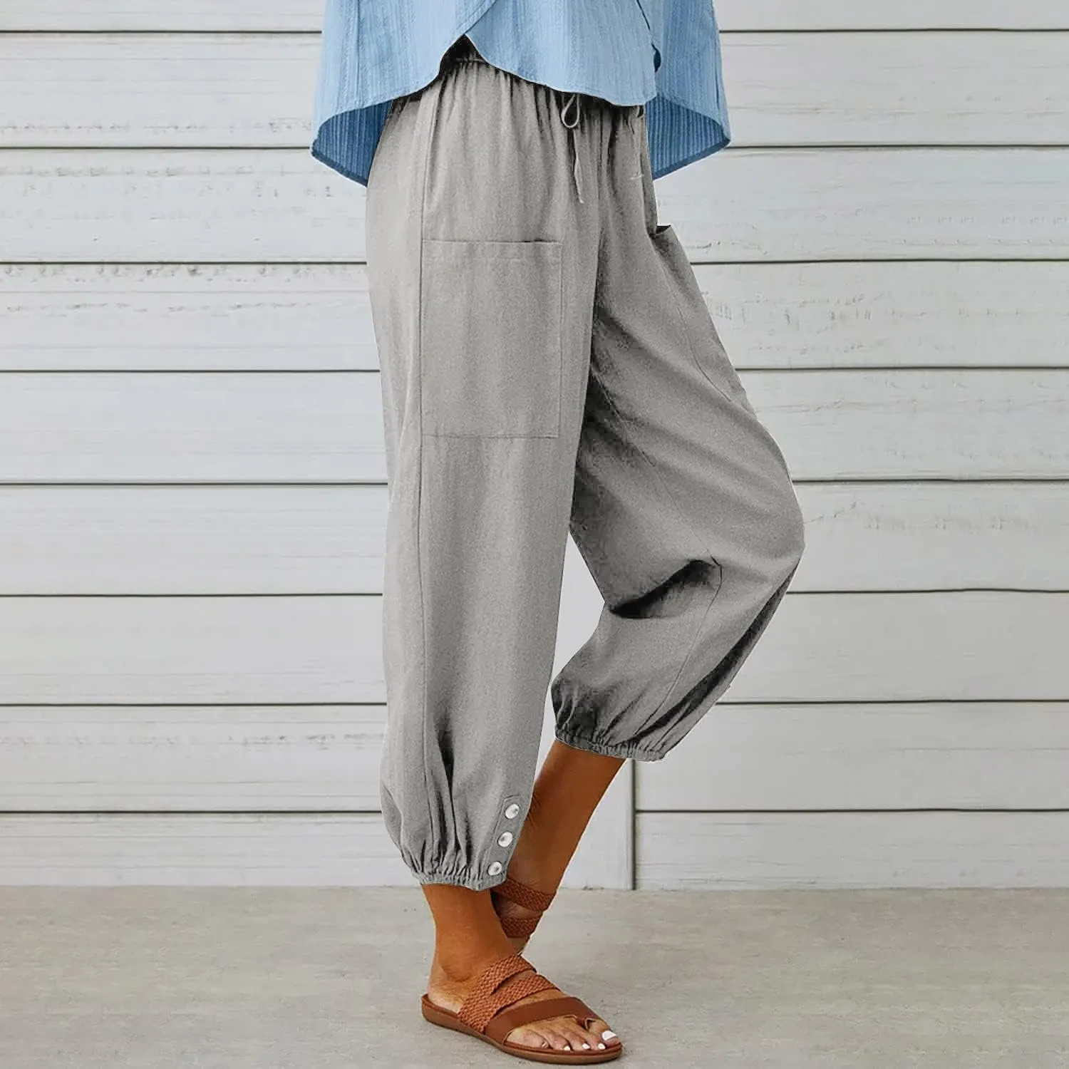yoeasy Women Cotton and Linen Drawstring Capri Pants Casual High Waist Pocket Cropped Pants