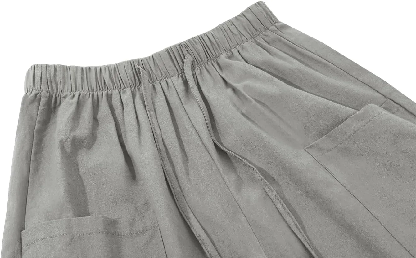 yoeasy Women Cotton and Linen Drawstring Capri Pants Casual High Waist Pocket Cropped Pants