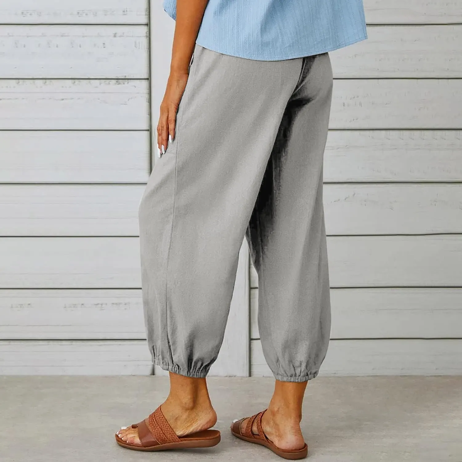 yoeasy Women Cotton and Linen Drawstring Capri Pants Casual High Waist Pocket Cropped Pants