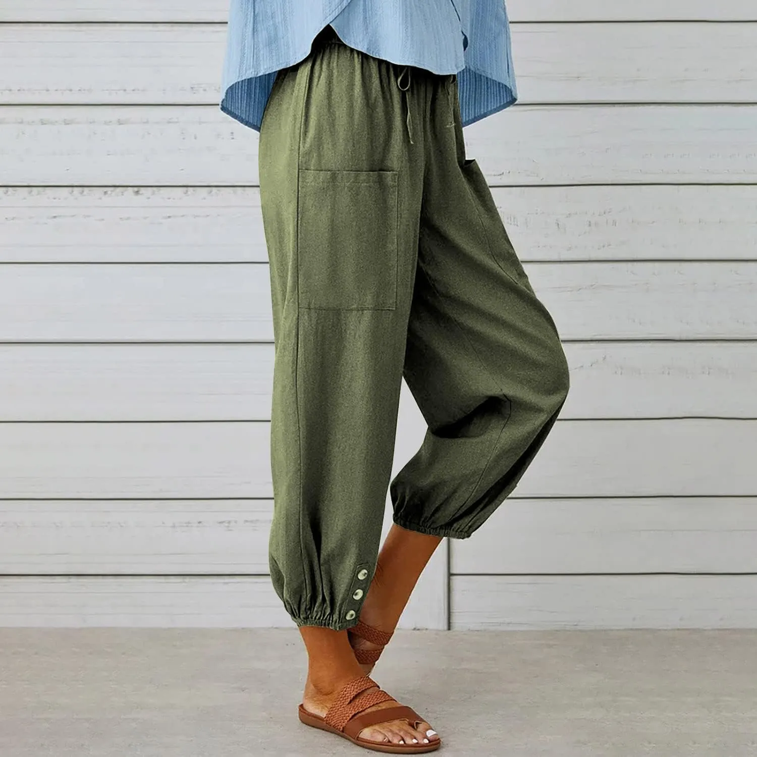 yoeasy Women Cotton and Linen Drawstring Capri Pants Casual High Waist Pocket Cropped Pants