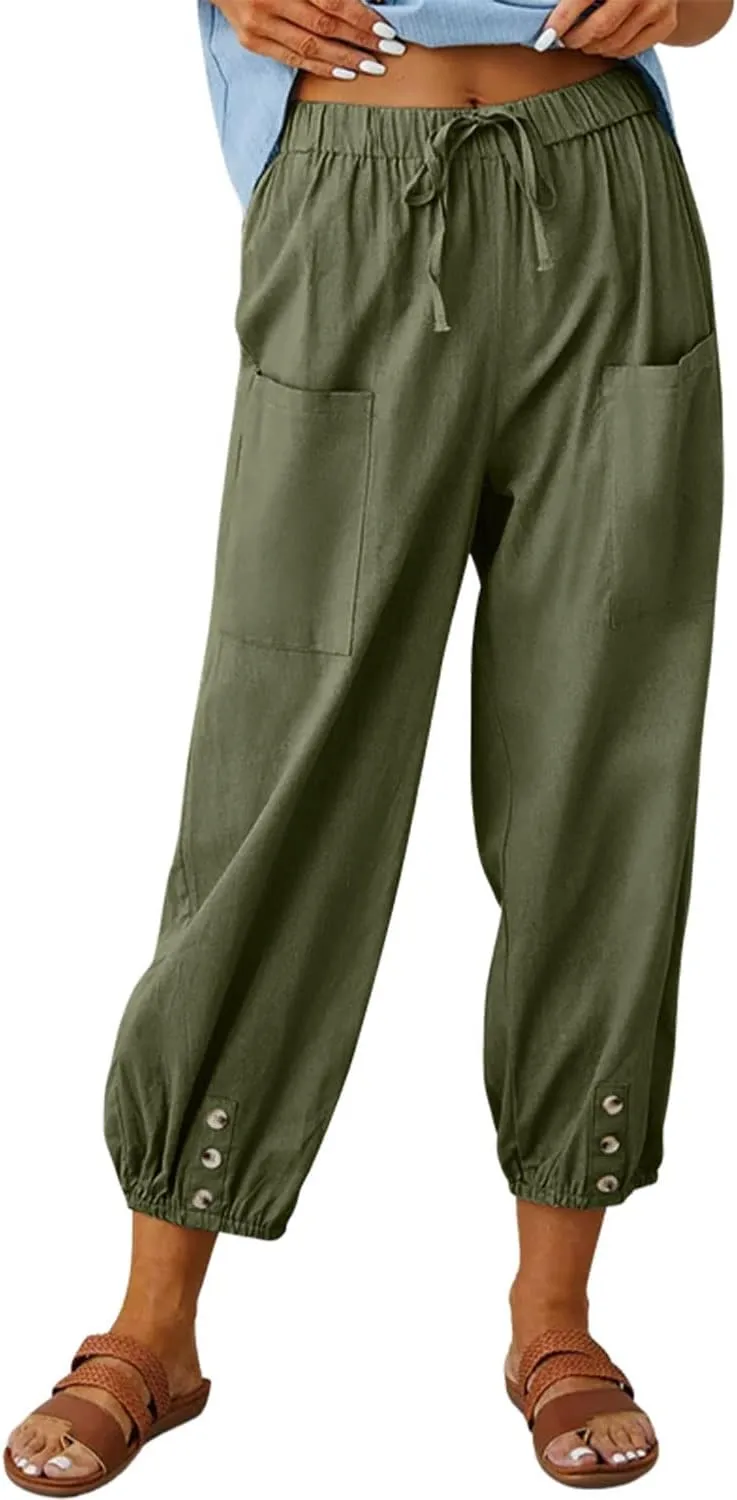 yoeasy Women Cotton and Linen Drawstring Capri Pants Casual High Waist Pocket Cropped Pants
