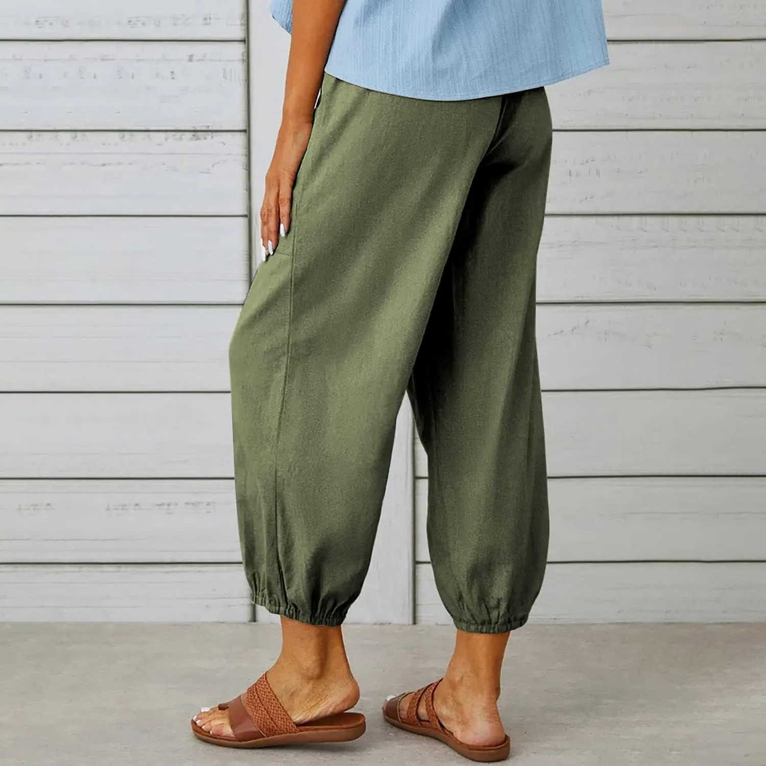 yoeasy Women Cotton and Linen Drawstring Capri Pants Casual High Waist Pocket Cropped Pants
