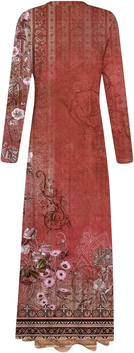 ZEFOTIM Long Sleeve Maxi Dress for Women Floral/Solid Dress Summer Dresses Long Dresses V Neck Dresses Spring Dress