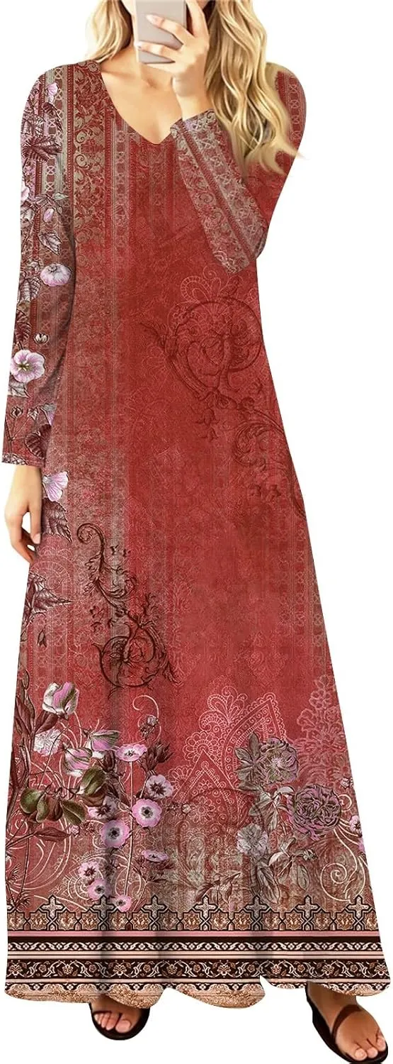ZEFOTIM Long Sleeve Maxi Dress for Women Floral/Solid Dress Summer Dresses Long Dresses V Neck Dresses Spring Dress